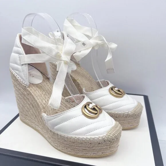 Gucci GG Marmont Platform MATELASSÉ Wedge Heels Espadrilles White Leather  EU 39
